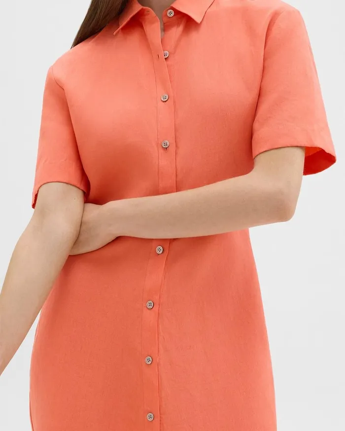 Women Theory Dresses ShortSleeve Shirt Dress In Galena Linen Bright Coral