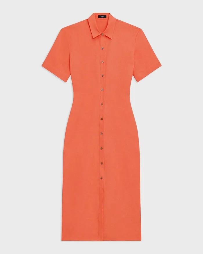 Women Theory Dresses ShortSleeve Shirt Dress In Galena Linen Bright Coral
