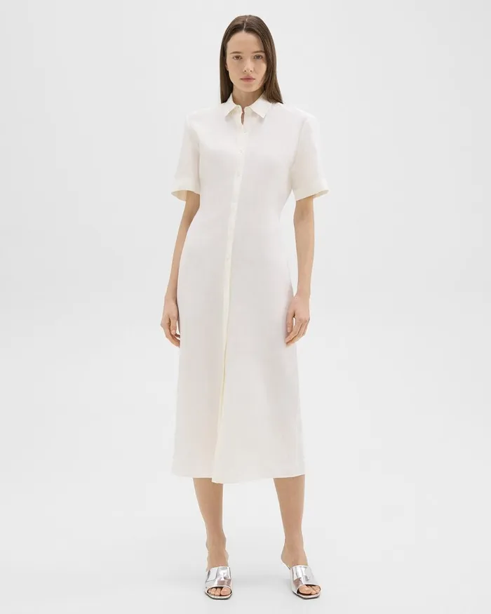 Women Theory Dresses ShortSleeve Shirt Dress In Galena Linen White