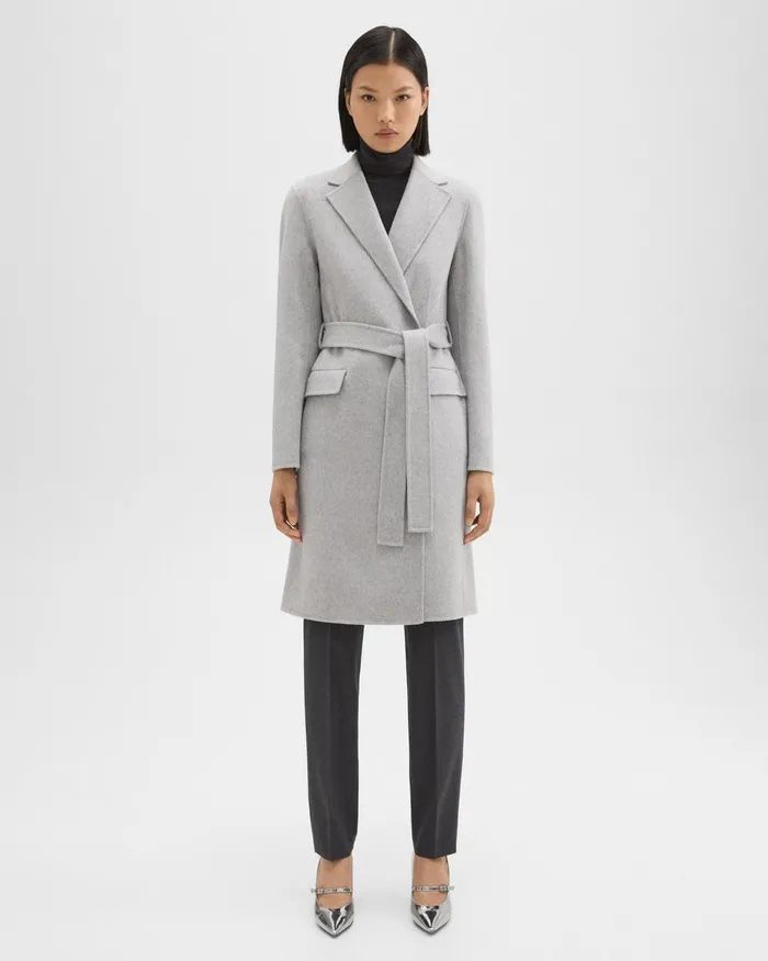 Women Theory Outerwear Wrap Coat In DoubleFace WoolCashmere Melange Grey