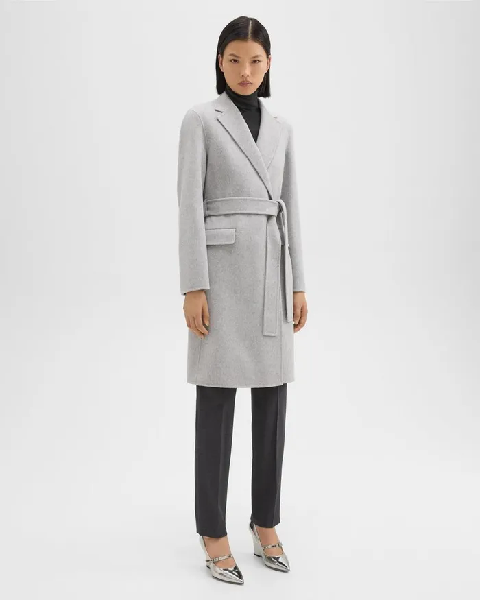 Women Theory Outerwear Wrap Coat In DoubleFace WoolCashmere Melange Grey