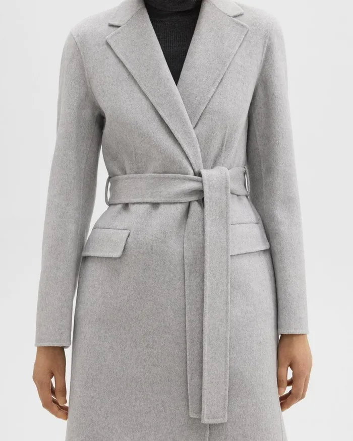 Women Theory Outerwear Wrap Coat In DoubleFace WoolCashmere Melange Grey