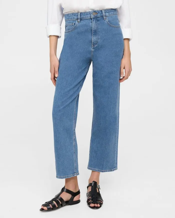 Women Theory Pants HighWaist StraightLeg Jean In Stretch Denim Washed Indigo