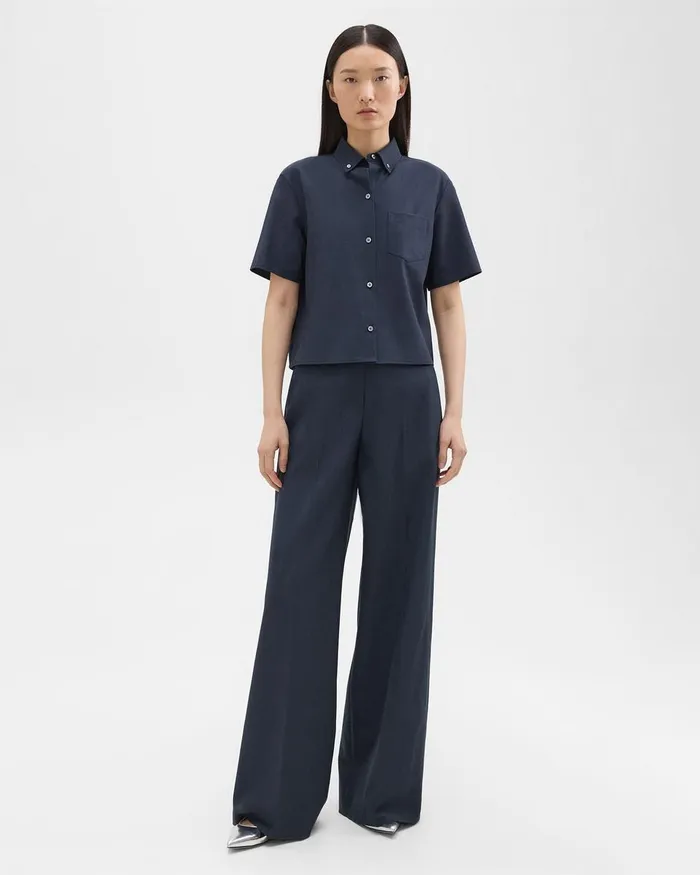 Women Theory Pants HighWaist WideLeg Pant In Good Wool Nocturne Navy