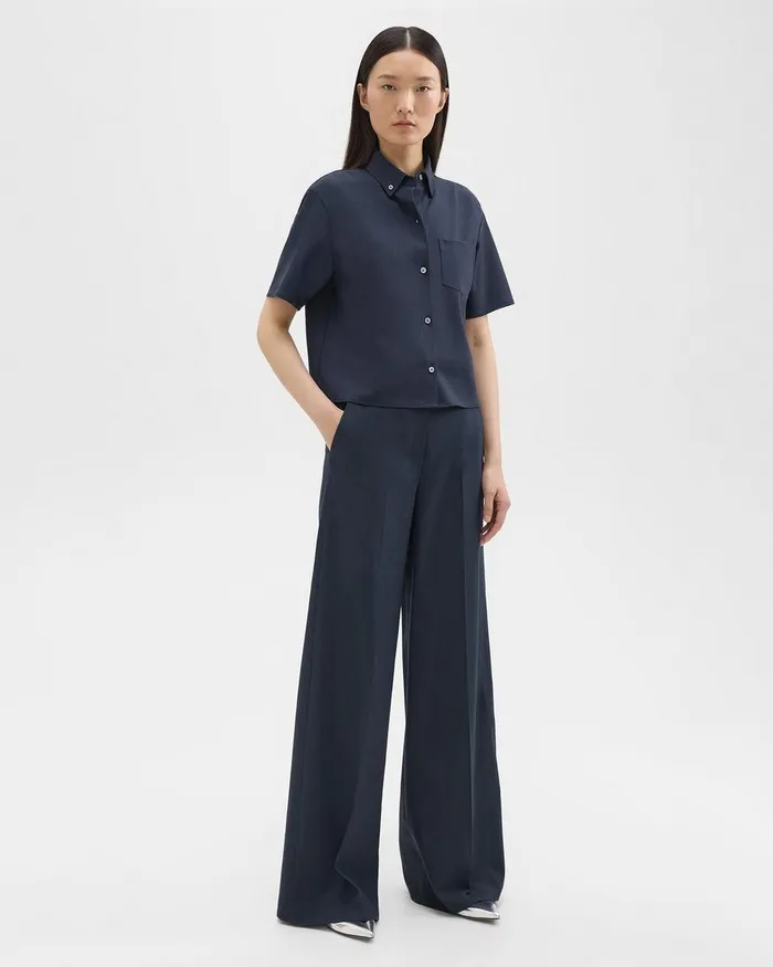 Women Theory Pants HighWaist WideLeg Pant In Good Wool Nocturne Navy
