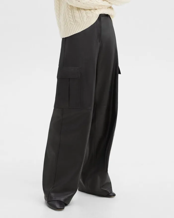 Women Theory Pants WideLeg Cargo Pant In Leather Black