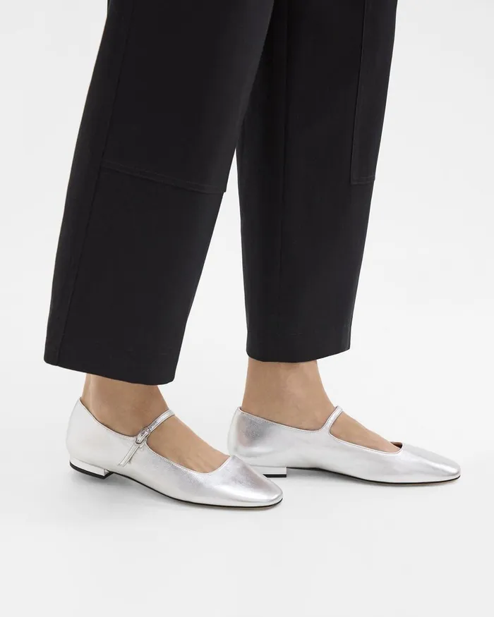 Women Theory Shoes Mary Jane Ballerina Flat In Metallic Leather Silver