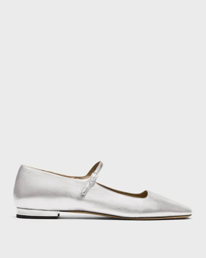 Women Theory Shoes Mary Jane Ballerina Flat In Metallic Leather Silver