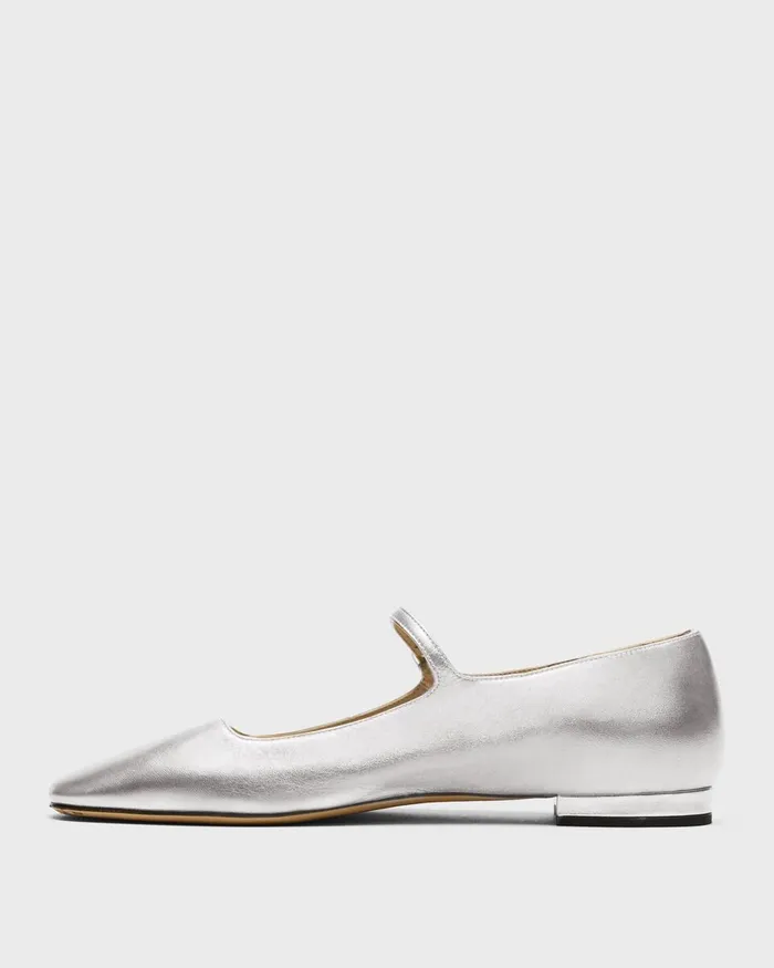Women Theory Shoes Mary Jane Ballerina Flat In Metallic Leather Silver