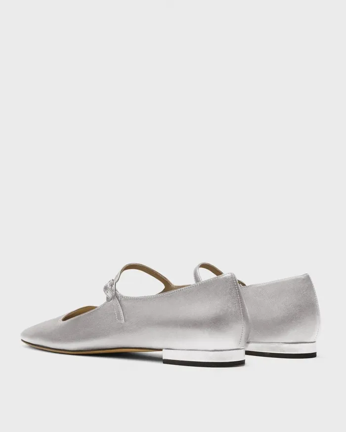 Women Theory Shoes Mary Jane Ballerina Flat In Metallic Leather Silver
