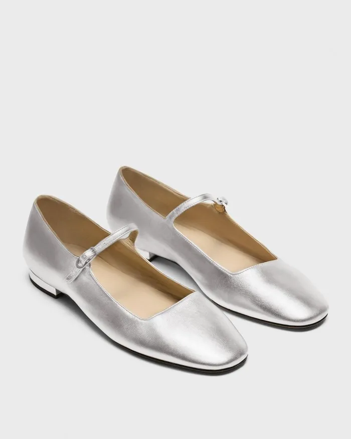Women Theory Shoes Mary Jane Ballerina Flat In Metallic Leather Silver