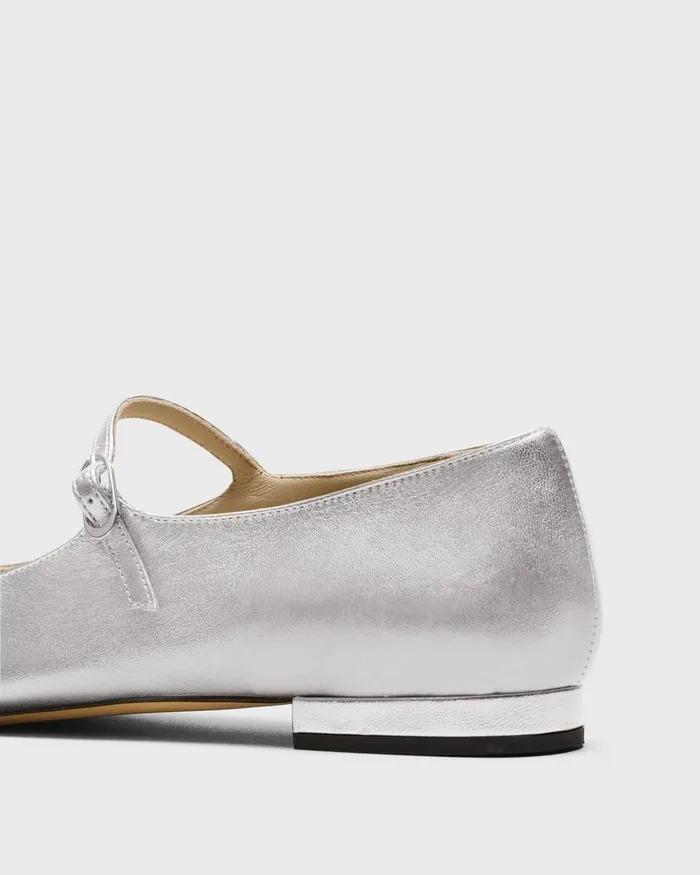 Women Theory Shoes Mary Jane Ballerina Flat In Metallic Leather Silver