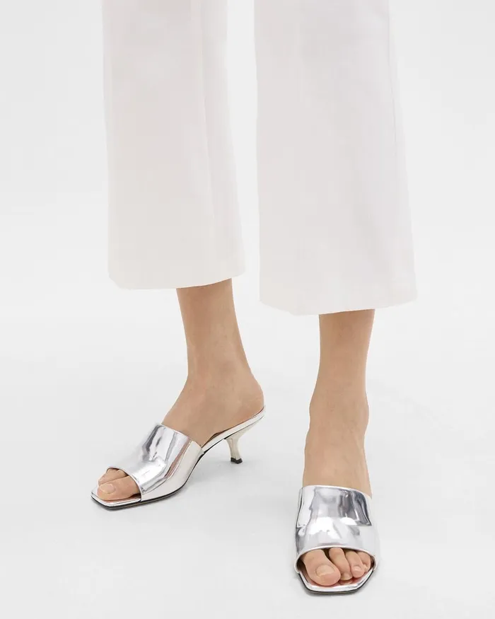 Women Theory Shoes Mule Sandal In Metallic Leather Silver