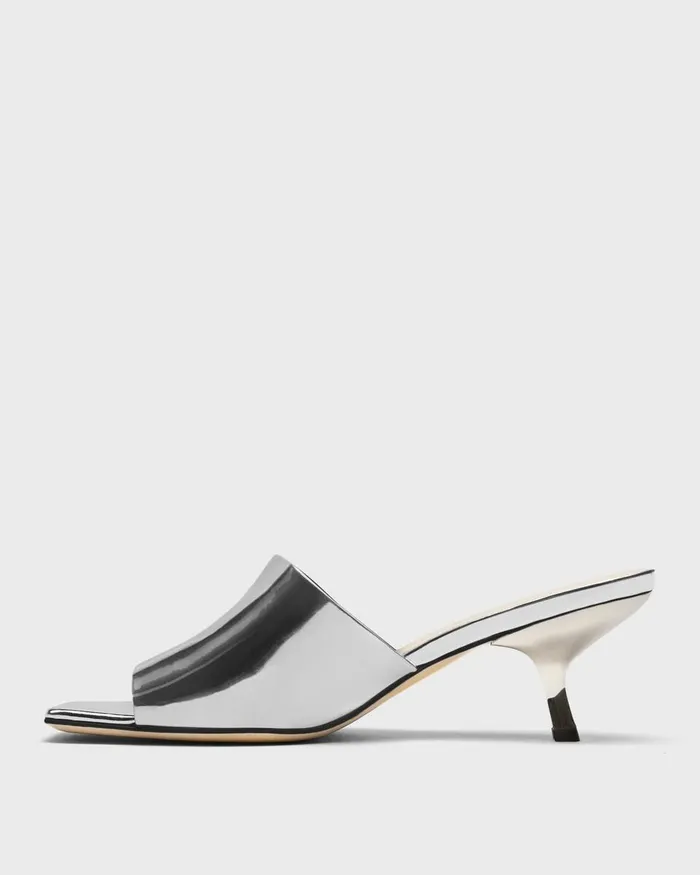 Women Theory Shoes Mule Sandal In Metallic Leather Silver