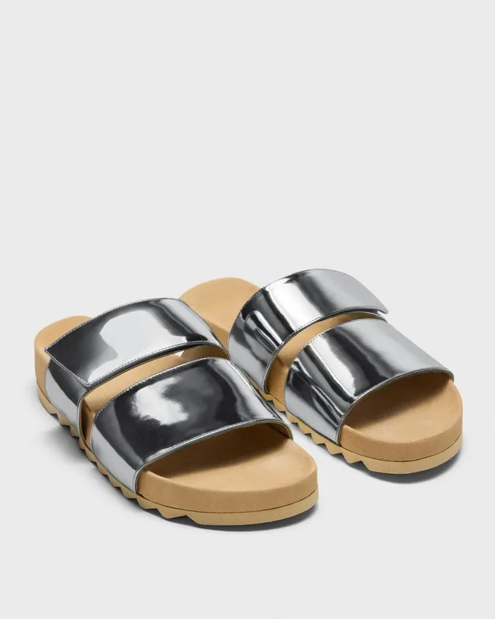 Women Theory Shoes Slide Sandals In Metallic Leather Silver