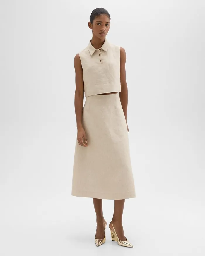 Women Theory Skirts Midi Circle Skirt In Basket Weave Linen Straw