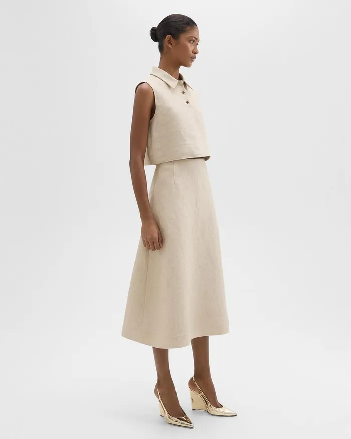 Women Theory Skirts Midi Circle Skirt In Basket Weave Linen Straw