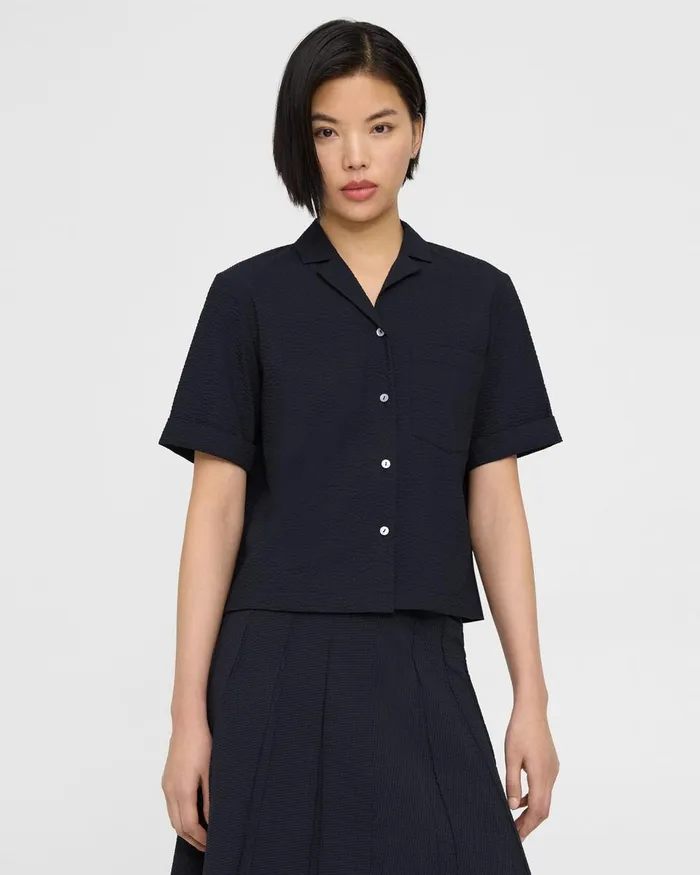 Women Theory Tops Camp Shirt In Seersucker Nocturne Navy