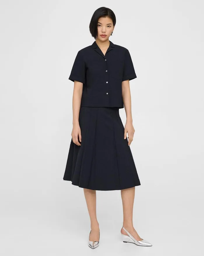 Women Theory Tops Camp Shirt In Seersucker Nocturne Navy