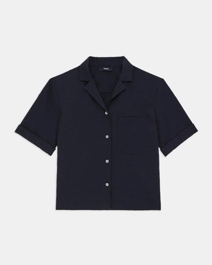 Women Theory Tops Camp Shirt In Seersucker Nocturne Navy