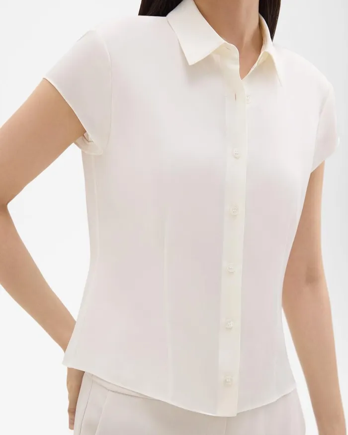 Women Theory Tops Cap Sleeve Shirt In Silk Georgette Ivory