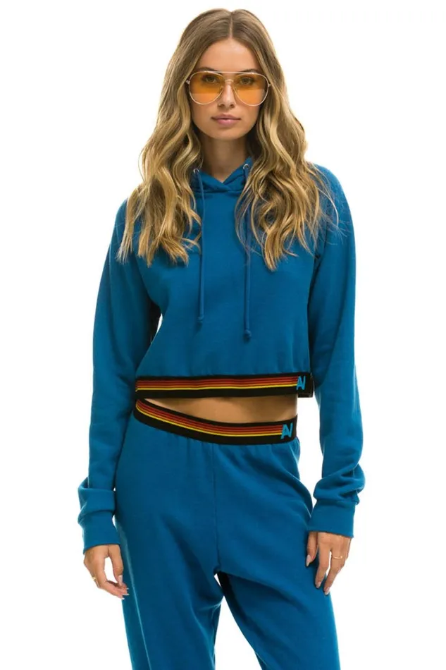 Women Tops Aviator Nation LOGO STRIPE CROP PULLOVER HOODIE 8211 CARIBBEAN