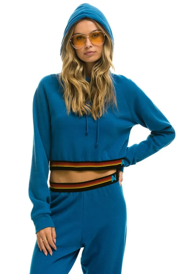 Women Tops Aviator Nation LOGO STRIPE CROP PULLOVER HOODIE 8211 CARIBBEAN
