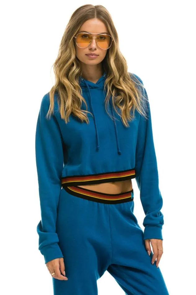 Women Tops Aviator Nation LOGO STRIPE CROP PULLOVER HOODIE 8211 CARIBBEAN
