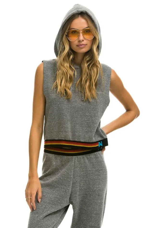 Women Tops Aviator Nation LOGO STRIPE SLEEVELESS CROP PULLOVER HOODIE 8211 HEATHER GREY Women Tops Aviator Nation LOGO STRIPE SLEEVELESS CROP PULLOVER HOODIE 8211 HEATHER GREY