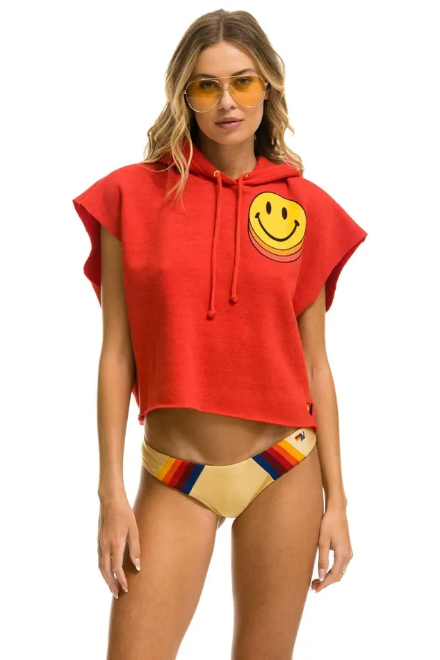 Women Tops Aviator Nation SMILEY SUNSET SLEEVELESS RELAXED CROPPED PULLOVER HOODIE 8211 RED