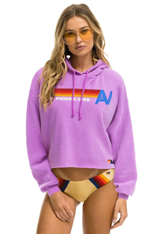Women Tops Aviator Nation WASTE MANAGEMENT OPEN 2024 CROPPED RELAXED PULLOVER HOODIE 8211 NEON PURPLE
