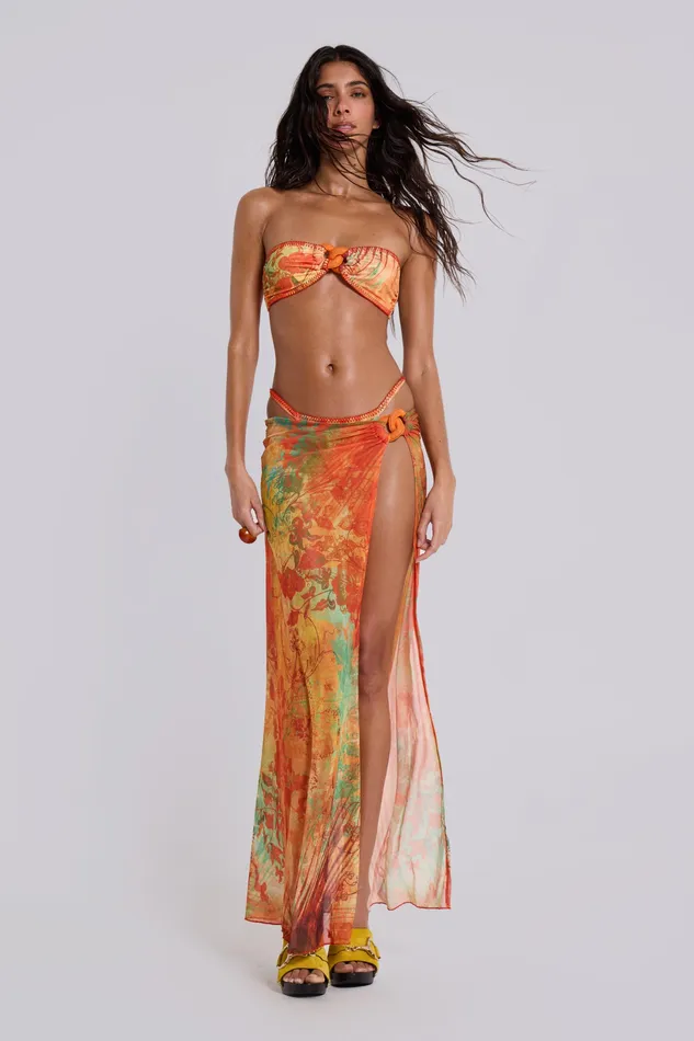 Women Tops Jaded London Shop Mari Asymmetric Maxi Skirt With Rattan Trim