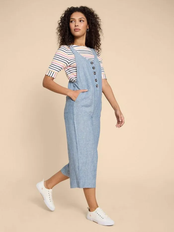 Women Viola Crop Linen Dungaree Chambray Blue White Stuff Dresses