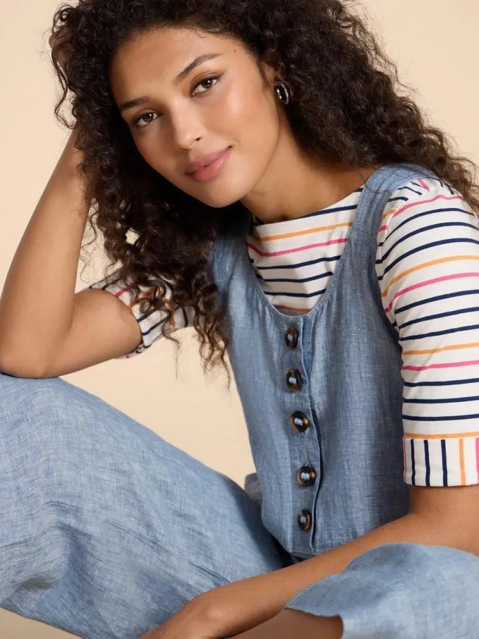 Women Viola Crop Linen Dungaree Chambray Blue White Stuff Dresses
