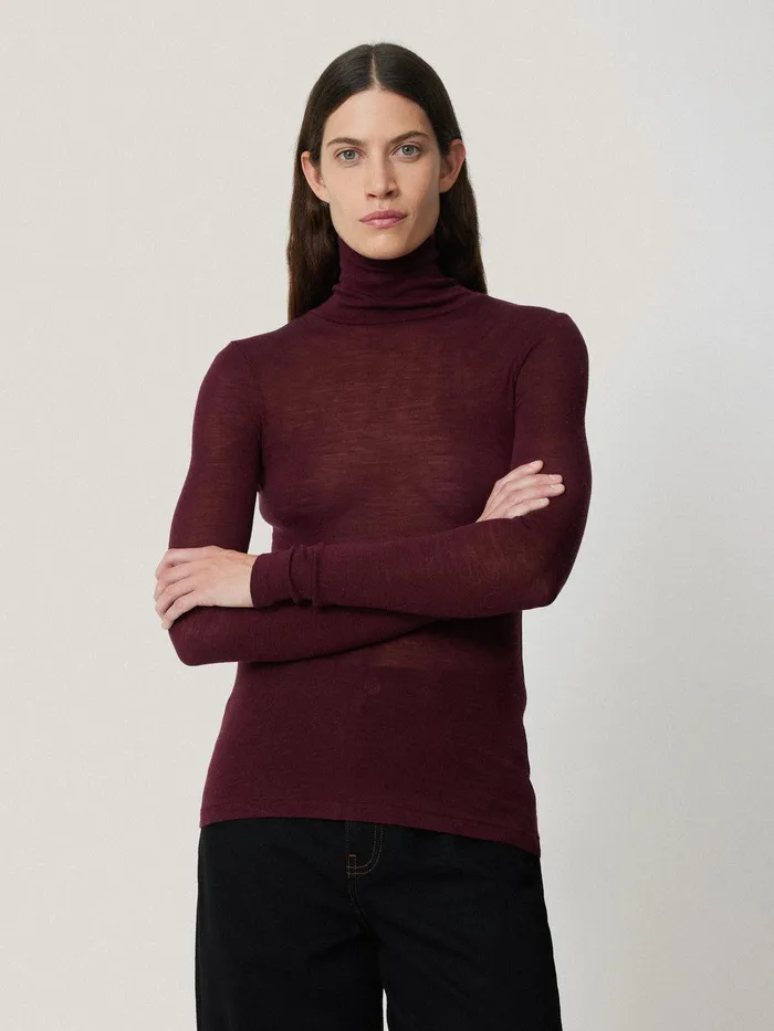 Women Wool Jersey Polo Neck Top Burgundy Jigsaw Knitwear and Cashmere