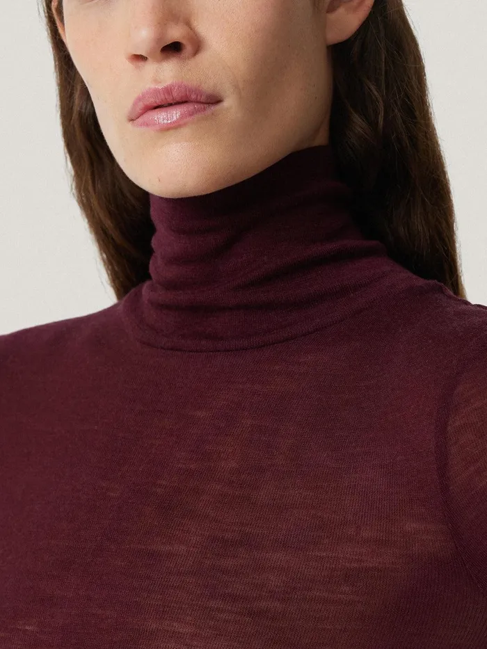 Women Wool Jersey Polo Neck Top Burgundy Jigsaw Knitwear and Cashmere