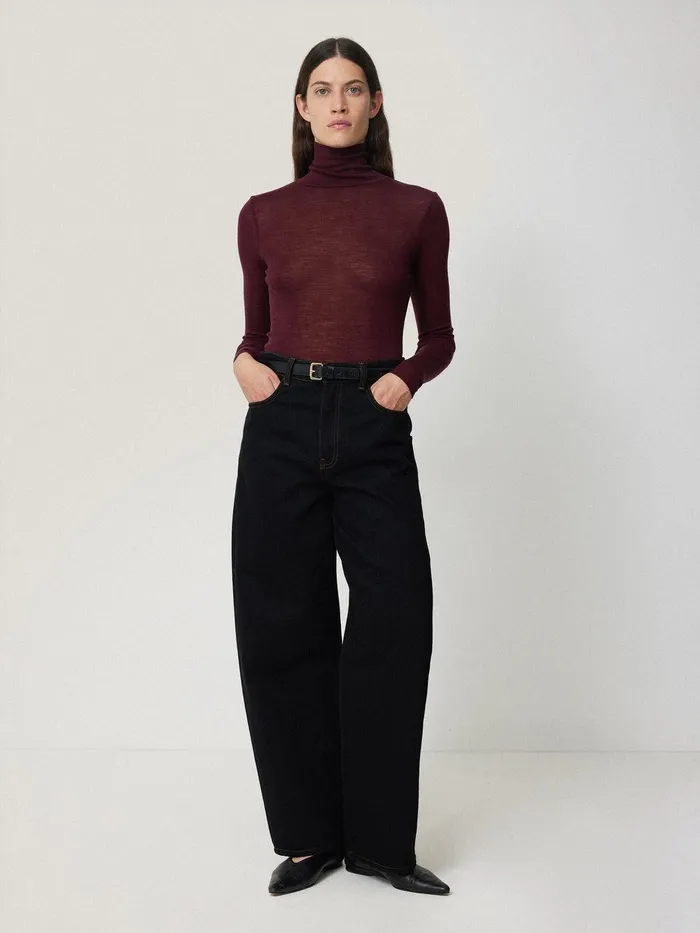 Women Wool Jersey Polo Neck Top Burgundy Jigsaw Knitwear and Cashmere