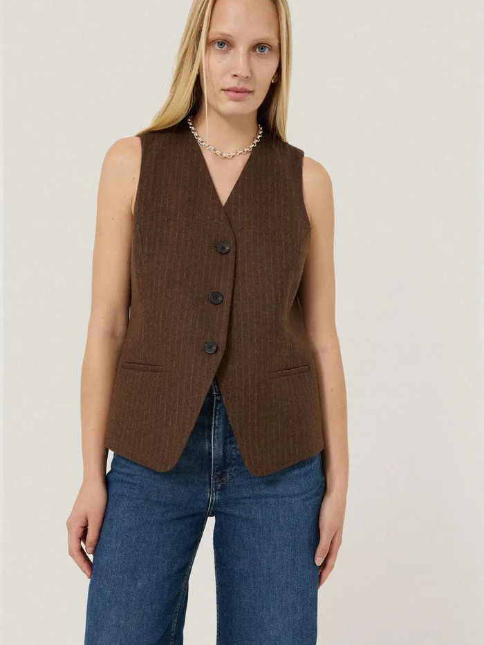 Women Wool Pinstripe Waistcoat Brown Jigsaw Coords