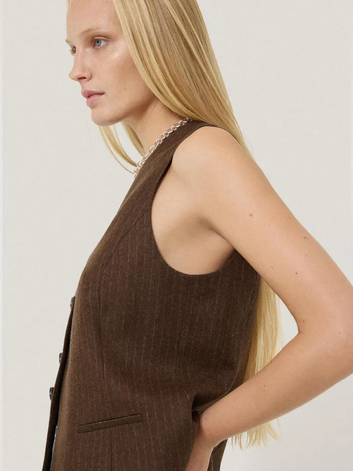 Women Wool Pinstripe Waistcoat Brown Jigsaw Coords