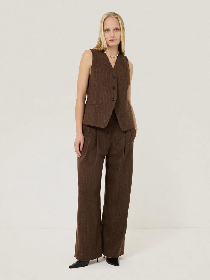 Women Wool Pinstripe Waistcoat Brown Jigsaw Coords